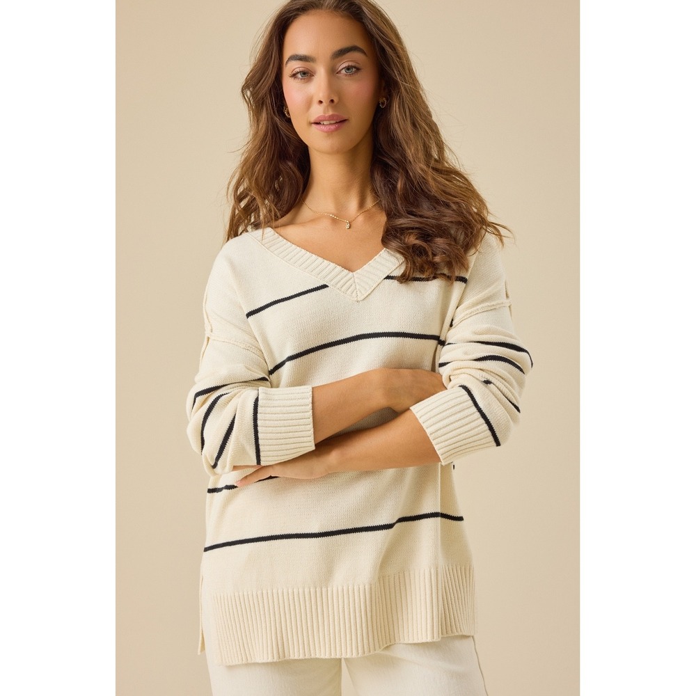 Altar'd State Womens Striped V-Neck Sweater Ivory Black Size Large NWT